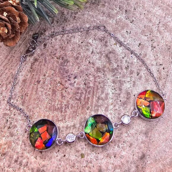 Nature Rainbow Flashy Ammolite Inlay 925 Bracelet - Picture 1 of 9